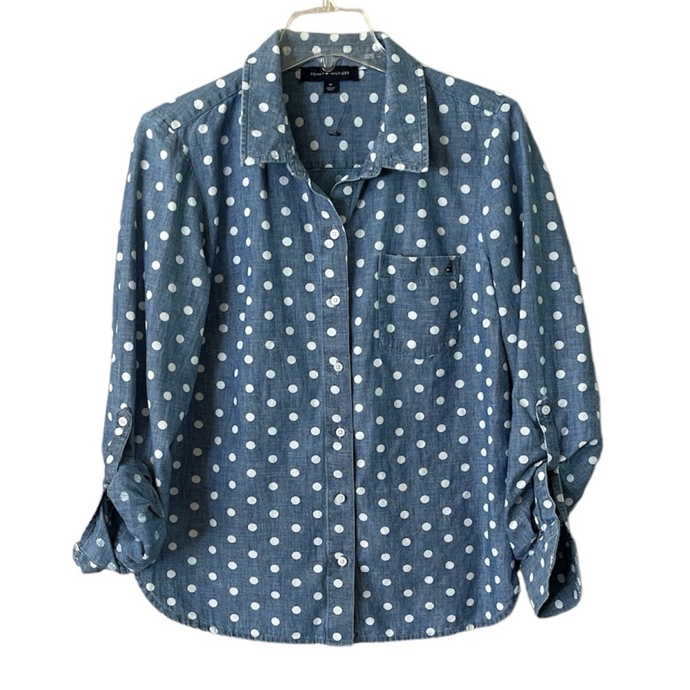 Tommy Hilfiger Button-down Blouse Long Sleeve Denim Blue White Polkadots Size M